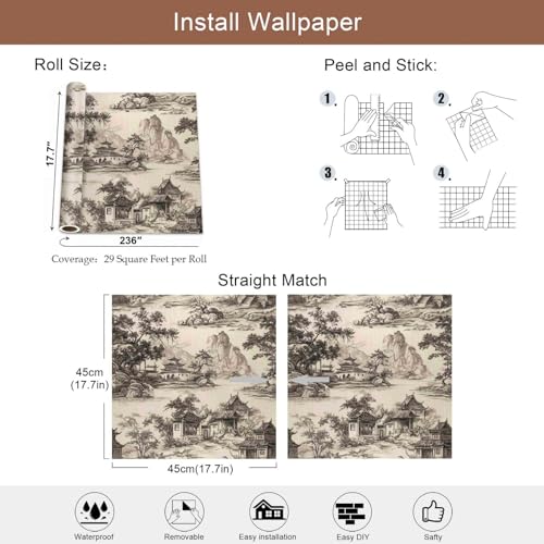 Chinoiserie Landscape Peel and Stick Wallpaper, Vintage Chinese Ink Pattern - size: 17.7" x 236"