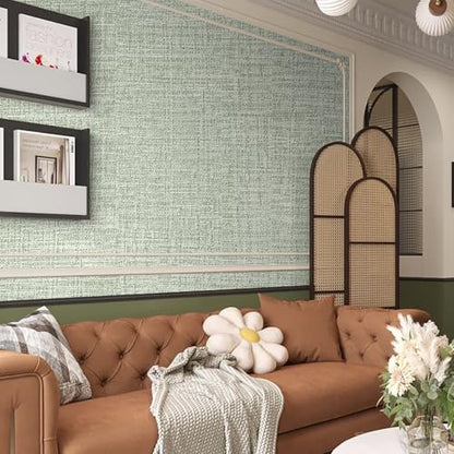 Green Grasscloth Wallpaper 17.3"x160" Faux Linen Textured Contact Paper Removable Self Adhesive Vinyl Wallpaper for Bedroom Bathroom Kitchen Cabinets - color: Green, size: 17.3" x 160"