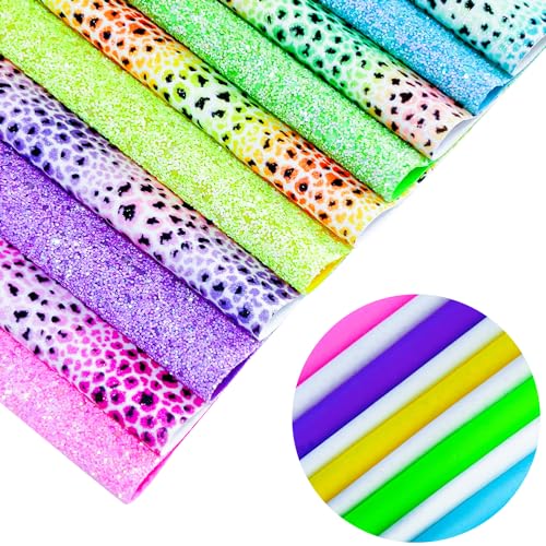 10pcs Colorful Rainbow Leopard Printed Faux Leather Sheets 8x12 inch Shiny Candy Color Glow in The Dark Chunky Glitter Girl Fabric for Bows (Rainbow Leopard), 19039 - color: Rainbow Leopard