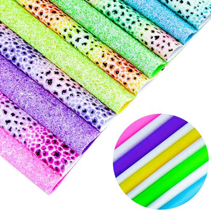 10pcs Colorful Rainbow Leopard Printed Faux Leather Sheets 8x12 inch Shiny Candy Color Glow in The Dark Chunky Glitter Girl Fabric for Bows (Rainbow Leopard), 19039 - color: Rainbow Leopard