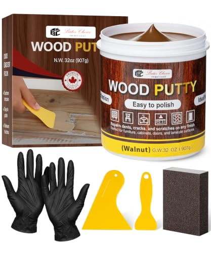 Bates- Wood Filler Putty Repair Kit, 32 Ounce, 2 Scrapers, 1 Sanding Block, 1 Pair of Gloves, Walnut Wood Putty Filler Paintable & Stainable for Cracks, Holes and Defects in Wooden Furniture
