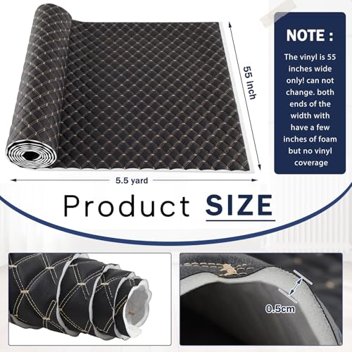 SmoothNovelty 5.5 Yards Diamond Quilted Vinyl Headliner Material 55 in Wide Faux Leather with Foam Backed 2" x 3" Diamonds Pattern Fabric for Car Furniture Upholstery(Black, Yellow Thread) - color: Black, Yellow Thread, size: 5.4 Yards