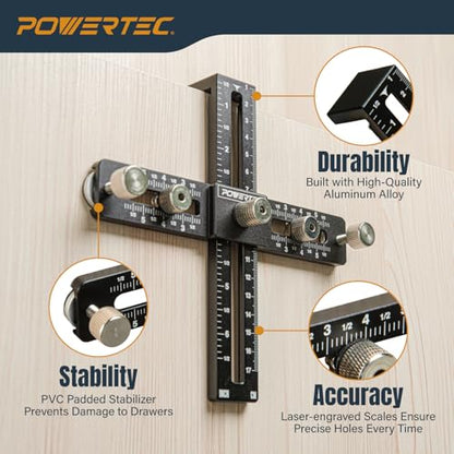 POWERTEC 72186 Cabinet Hardware Jig for Knobs, Handles & Pulls - Adjustable Drill Guide Template Tool for Cabinets, Woodworking, Doors & Drawers - size: Cabinet Hardware Jig