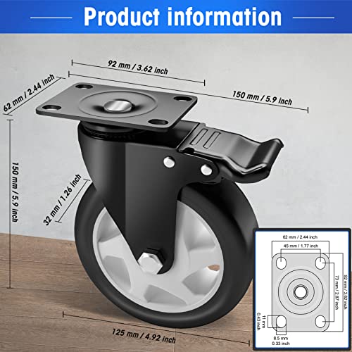5" Swivel Plate Casters, 1400Lbs Capacity with Brake - color: Black, size: 5 Inch