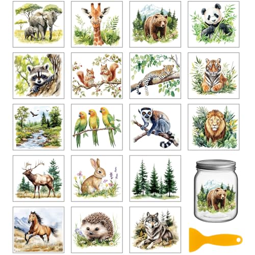 GLOBLELAND 18 Sheets Forest Animals Rub on Transfer 3.9x3.6inch Colorful Panda Tiger Lion Giraffe Vase Home Decals Rabbit Bear Cup Transfer Stickers for Furniture Vase Glass Art Crafts Decorations - style: Forest Animals Plants