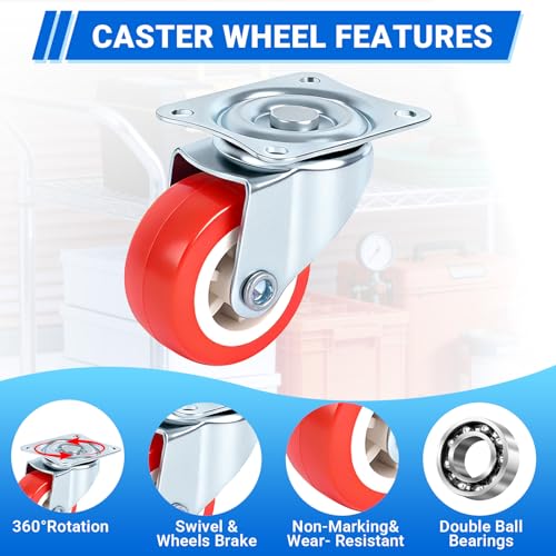 2.5 Inch Caster Wheels Set of 4, 4 Swivel, Red PU, Plate Mount - size: 2.5 Inch