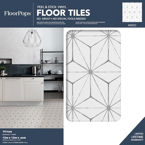 FloorPops Kikko White/Off-White Peel and Stick Floor Tiles - size: 60"L x 24"W x 0.06"T