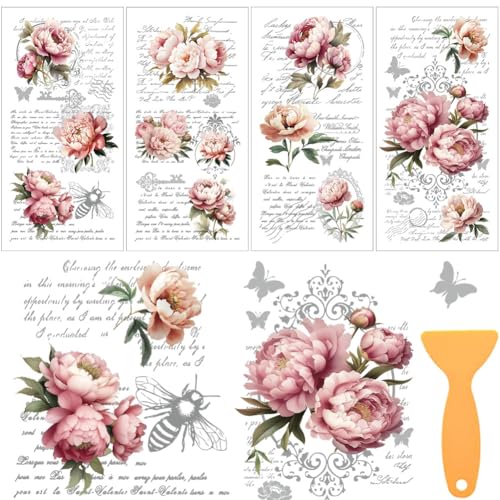 INFUNLY 4 Sheet Vintage Flower Rub on Transfers 5.9x11.8 Pink Floral Furniture Rub on Transfer for Crafts Peony Flowers Rub on Transfer Sticker Decal Waterproof for Wood Glass Home Decor - style: Vintage Pink Flower