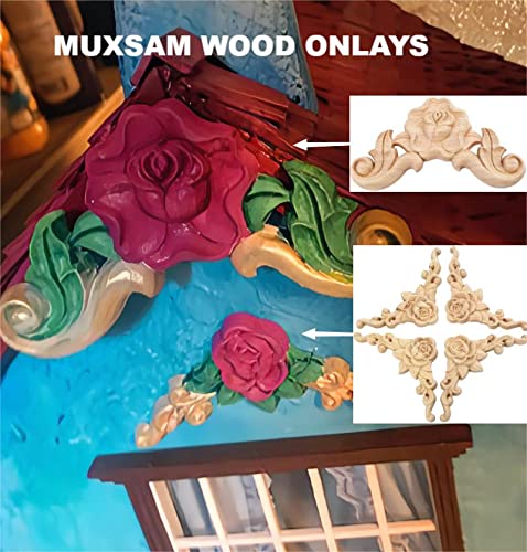 4Pcs Wooden Carved Rose Appliques Onlays, Furniture Corner Carvings Decals - size: 8x8cm/3.15"x3.15"