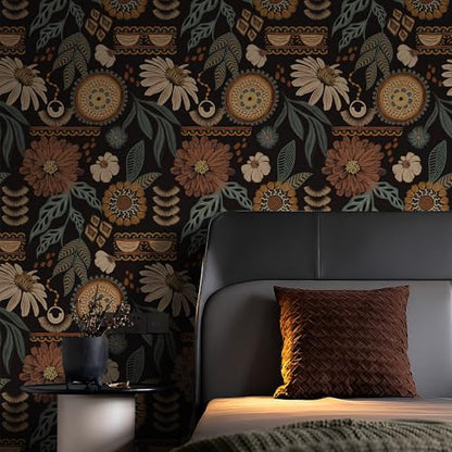 Boho Peel and stick Wallpaper Removable Sun Flroal Vintage Contact Paper - size: 17.4" x 393"