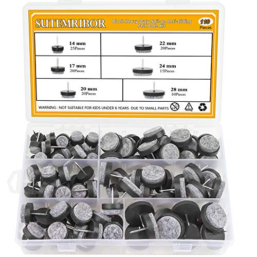 110PCS Furniture Pad Nails, Black Nail-on Slider Glide Felt Pads with Storage Box for Furniture Chair, Stools and Table Leg Feet, 6 Sizes - 14mm/ 17mm / 20mm / 22mm / 24mm / 28mm
