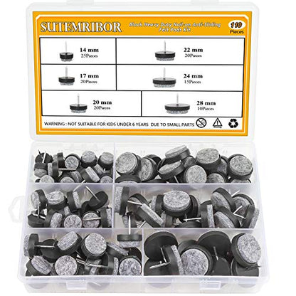 110PCS Furniture Pad Nails, Black Nail-on Slider Glide Felt Pads with Storage Box for Furniture Chair, Stools and Table Leg Feet, 6 Sizes - 14mm/ 17mm / 20mm / 22mm / 24mm / 28mm