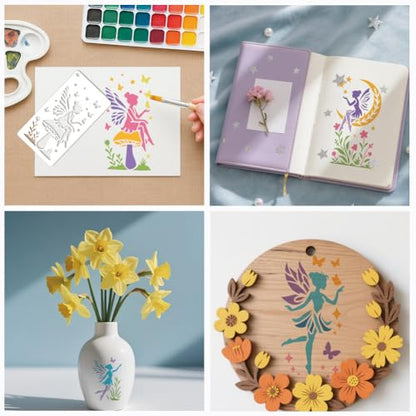 12 Sheets Fairy Stencils for Painting, Moon Fairy Wildflower Butterfly Drawing Templates Plastic Art Templates for Painting on Wall Wood Home Decor - style: Fairy