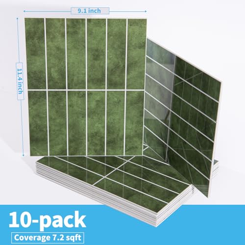 Art3d 11.4 x 9.1 in Faux Marble Peel and Stick, Backsplash Tile, Green - color: Green