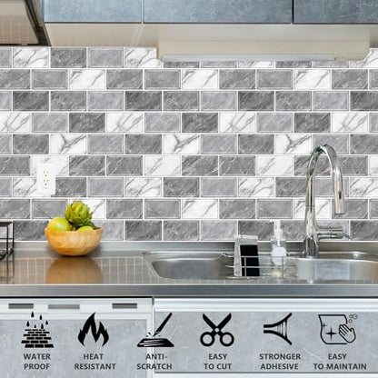 URCOLOR 10-Sheet Peel and Stick Backsplash Tile Sticker for Kitchen,12"x12" Self Adhesive Subway Wall Tiles Stick on Back Splashes for Bathroom White Gray Marble Design - color: White Gray Marble