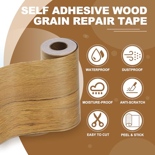 Self Adhesive Wood Grain Repair Tape 33'x 4", Multi-Use Realistic Wood Grain Repair Patch for Furniture Floor Door Table Chair Windows Handicraft DIY, Yellow Teak