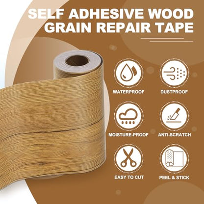 Self Adhesive Wood Grain Repair Tape 33'x 4", Multi-Use Realistic Wood Grain Repair Patch for Furniture Floor Door Table Chair Windows Handicraft DIY, Yellow Teak