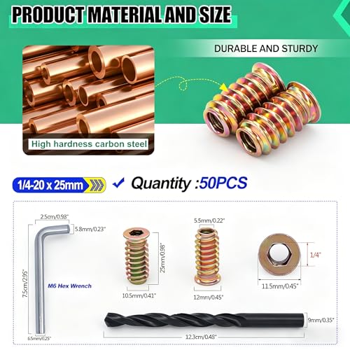 Twidec/50PCS 1/4"-20 Threaded Inserts for Wood Furniture Screw-in Nut Wood Inserts Bolt Assortment Kit with M6 Hex Wrench (1/4"-20 x25mm) N-059-1/4x25 - size: 1/4-20x25mm