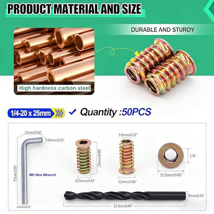 Twidec/50PCS 1/4"-20 Threaded Inserts for Wood Furniture Screw-in Nut Wood Inserts Bolt Assortment Kit with M6 Hex Wrench (1/4"-20 x25mm) N-059-1/4x25 - size: 1/4-20x25mm
