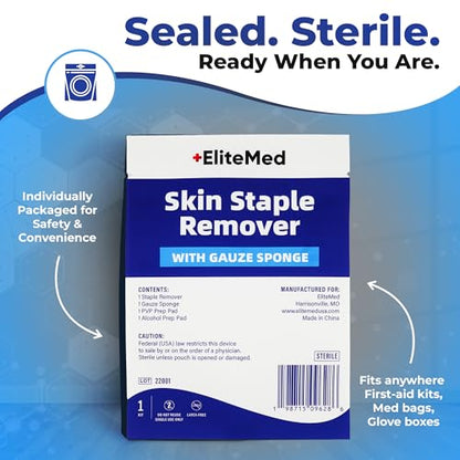 Premium Sterile Staple Removal Kit - Includes Staple Remover, PVP & Alcohol Prep Pads, Gauze Sponge | Single-Use Staple Removal Tool
