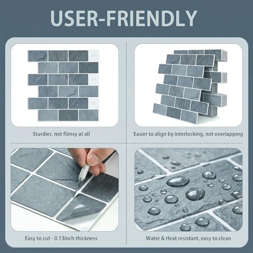 Arttown Peel and Stick 3D Wall Backsplash, 10-Sheet, 12" × 12" Marble Grey - color: Gray Marble, size: 10PC 12"x12"