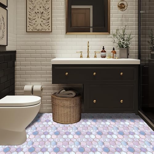 HOMETITUTE Pink Blue Hexagon Honeycomb Floor 12x12 Vinyl Tile - color: Pink