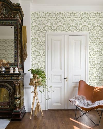 Green Tulip Floral Peel and Stick Wallpaper Retro Green Contact Paper - color: Green, size: 17.3" x 197"