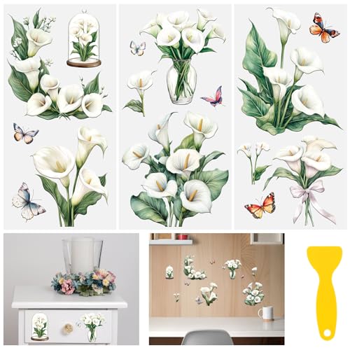 Rub on Transfer Stickers, 3 Sheets Waterproof Calla Lily Rub on Transfers for Crafts for Furniture Crafts DIY Home Office Decor - color: Calla Lily
