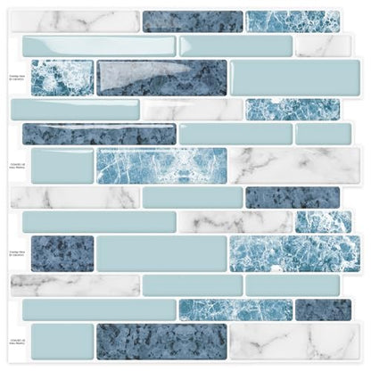 DEWOO Peel and Stick Backsplash 3D Self Adhesive Wall Tile Blue 10 Sheet - color: Marble Blue