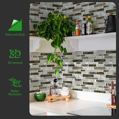 LONGKING Self-Adhesive Kitchen Backsplash, Marble Look Decorative Tiles (10 Tiles) (Multi) - color: Brown
