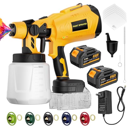 Paint Sprayer, High Power Cordless Paint Gun with 2x5200mAh Battery, 5 Nozzles, 3 Spray Modes, Easy to Clean & Use, Paint Sprayers for House Painting, Furniture, Fence, Wall & DIY(Black&Yellow)