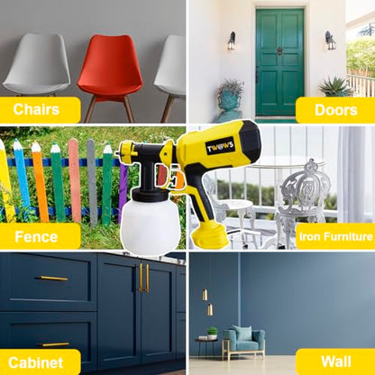 TWOWS, Paint Sprayer, 600W, HVLP Paint Gun, with 1200Ml Container, Cleaning & Viscosity Cup,4 Copper Nozzles and 3 Patterns, for House, Walls, Furniture, Carbinets, Fence, Door etc, Easy to Clean.