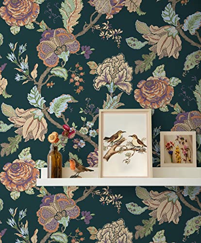NextWall Kianna Jacobean Floral Peel and Stick Wallpaper (Victorian Jade) - color: Victorian Jade