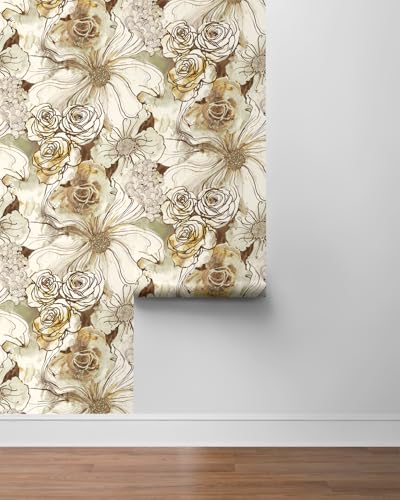 NextWall Harry & Grace Ink Rose Abstract Floral Peel and Stick Wallpaper (Ochre & Mocha) - color: Ochre & Mocha