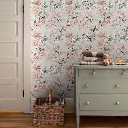 MuralPeel Neutral White/Pink/Green Romantic Rose Peony Peel and Stick Wallpaper Self Adhesive Removable Easy Peel Off Stick on Wall Paper for Bedroom Cabinet Renter - color: White Pink Rose, size: 17.7" x 118.1"