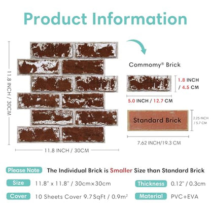 Commomy 3D Wall Panels Peel and Stick Faux Brick 10 Pcs 11.8" x 11.8" - color: Brick-tlC