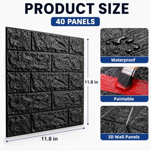 3D Wall Panels Peel and Stick Faux Foam Brick Wallpaper Covering - color: Black, size: 40 Pcs