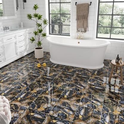 30-Pack 12" x 12" Peel and Stick Floor Tiles Waterproof, Polish Blue Gold Marble Self Adhesive Vinyl Flooring for Bathroom, Kitchen, Living Room, RV, Cover 30 Sq.Ft, Glossy Blue&Golden - color: Polish Blue&Golden Marble