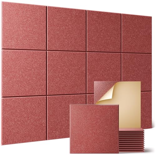Sonicism 12 Pack Acoustic Wall Panels with Self-Adhesive, 12" X 12" X 0.4" Sound Proof Foam Panels, Decorative Soundproof Wall Panels, Sound Proof Absorbing Tiles for Home & Offices, Red - color: Red, size: Flat Panels (12 Pack)