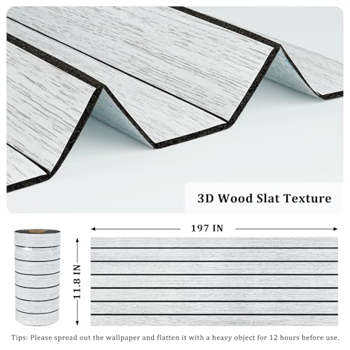 White Grey Wood Panels for Wall Slat Panel Self Adhesive Wood Slat 3D Wall Panels Peel and Stick 11.8"x197" Faux Foam Wooden Walls Panel Removable Modern Wooden Wallpaper for Bedroom Studio - size: 11.8" x 197"
