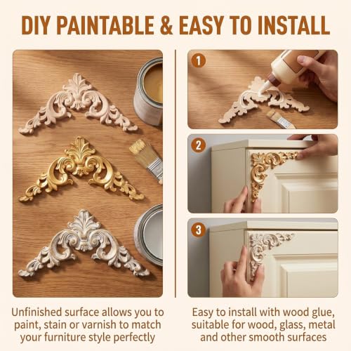 4 Pcs 3 Inch Wood Appliques Scroll Corner Carving