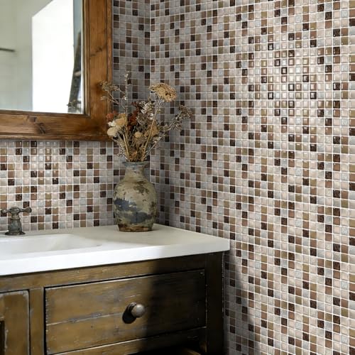 URCOLOR 20 Sheets 3D Self-Adhesive Mosaic Backsplash Tile Peel and Stick - color: Beige Brown