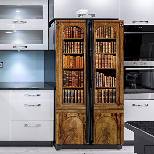Modern Art Self Stick Vinyl Door Mural Sticker, Peel and Stick Removable Refrigerator Wrap Decal, Bookcase, 32.3x78.7, 2 Pcs Set - color: Bookcase