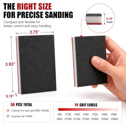 wuyaoyao Sanding Sponge Kit, 30PCS Wet Dry Sanding Sponges, 14 Grit Levels (80-3000), Double-Sided Aluminum Oxide, Reusable for Wood, Drywall, Metal, Paint Prep & Automotive