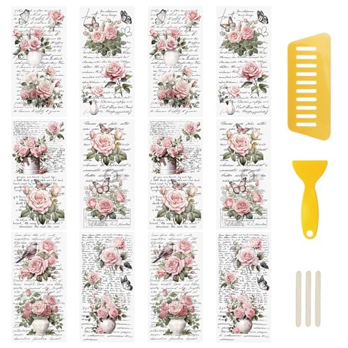 WANDIC 12 Sheets Retro Rub On Transfer Stickers,Pink Retro Flowers Decals Rose Stickers with Letters Furniture Windows Craft Wall Decals for DIY Scrapbooking,12 * 6in - color: Pink Flower, size: 12 Sheets
