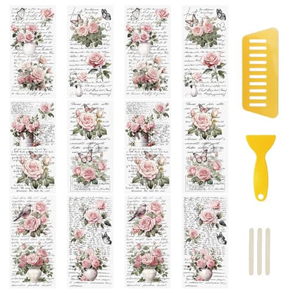 WANDIC 12 Sheets Retro Rub On Transfer Stickers,Pink Retro Flowers Decals Rose Stickers with Letters Furniture Windows Craft Wall Decals for DIY Scrapbooking,12 * 6in - color: Pink Flower, size: 12 Sheets