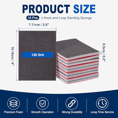 18Pcs 120Grit Sanding Sponges, 4x2.8In Hook & Loop Black - size: 120 Grit