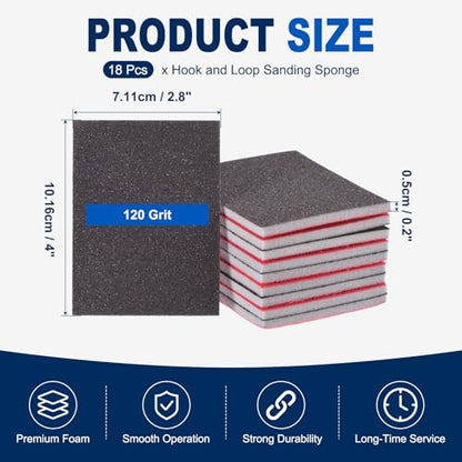 18Pcs 120Grit Sanding Sponges, 4x2.8In Hook & Loop Black - size: 120 Grit