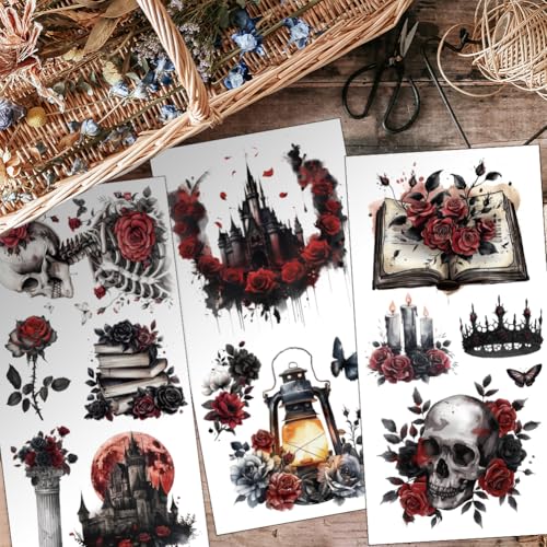 OLYCRAFT 3Pcs/Set Gothic Rose Rub on Transfers for Furniture and Crafts 6x12 Inch Skull Furniture Decals Decor Red Moon Transfer Stickers with 1pc Scraper for Glass Cups Cabinets DIY Home Decor - style: Gothic