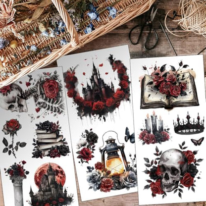 OLYCRAFT 3Pcs/Set Gothic Rose Rub on Transfers for Furniture and Crafts 6x12 Inch Skull Furniture Decals Decor Red Moon Transfer Stickers with 1pc Scraper for Glass Cups Cabinets DIY Home Decor - style: Gothic